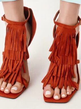 INC International Concepts Paprika/Rust Fringe Suede Open-Toe Heels